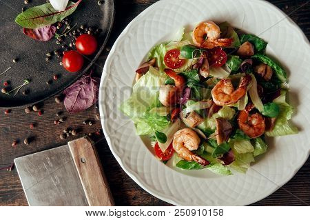 Vegetable Salad With Shrimps Composition Dark Wood Background