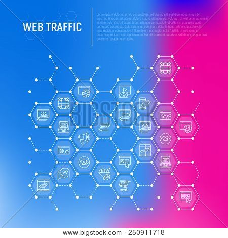 Web Traffic Concept In Honeycombs With Thin Line Icons: Seo Technology, Data Exchange, Sync, Click, 