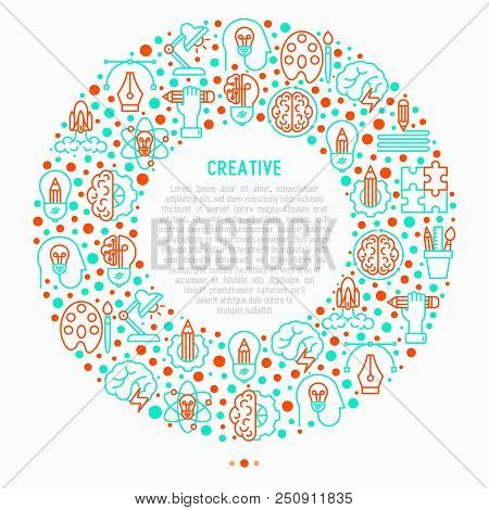 Creative Concept In Circle With Thin Line Icons: Generation Of Idea, Start Up, Brief, Brainstorming,