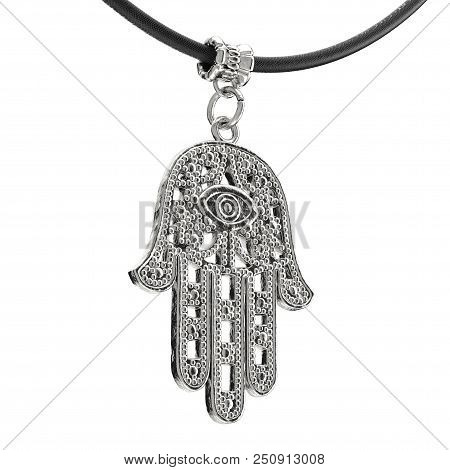 Silver Hamsa, Hand Of Fatima Amulet Coulomb On A White Background. 3d Rendering
