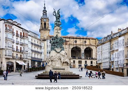 Alava, Spain. April 23, 2018: Square Of The White Virgin Located In The Center Of The City With A St
