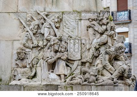 Alava, Spain. April 23, 2018: Detail Of The Marble Base Of The Statue Of The Victory Commemorating T