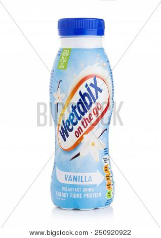 London, Uk - July 29, 2018: Plastic Bottle Of Weetabix Breakfast Drink Energy Fiber Protein With Van