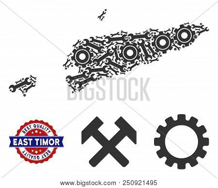 Repair Service East Timor Map Collage Of Service Tools. Abstract Geographic Scheme In Gray Color And