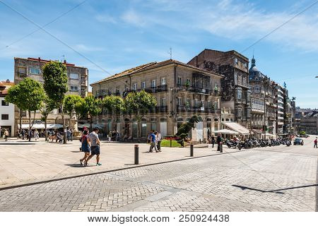 Vigo, Spain - May 20, 2017: Street Life In Ancient Historic Spanish Town Vigo In Galicia, Spain. Ord