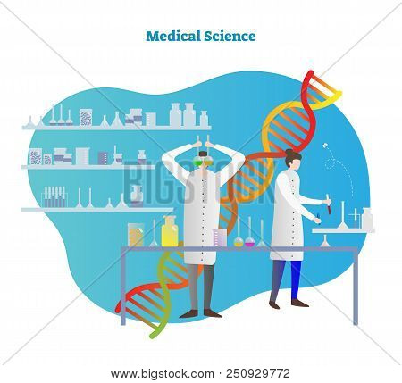 Medical Science Vector Illustration. Scientists Test And Research Pills, Drugs, Medicine Or Prescrip