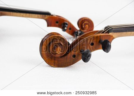 In Selective Focus Of The Construction Of Violin,scroll,pegbox And Neck,on White Background.blurry L