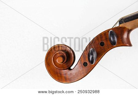 Closeup The Construction Of Violin,scroll,pegbox And Neck,at The Right Side,on White Background.