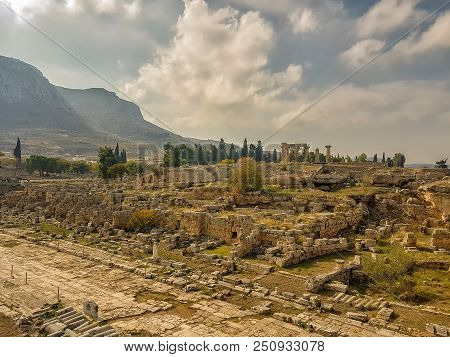 Corinth, Greece 15 August 2017. Ancient Corinth In Greece. A Beautiful Historic Destination.