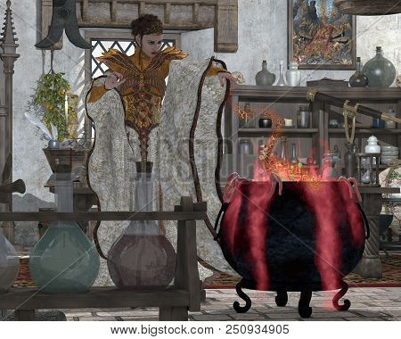 Dark Potion 3d Illustration - A Mystical Witch Makes A Large Kettle Of Potent Magical Brew To Use In