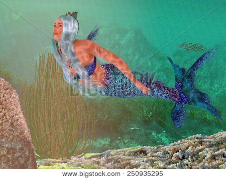 Marine Mermaid 3d Illustration - A Beautiful Mermaid Crowned With Seashells Swims Gracefully Underwa