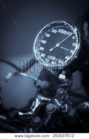 Close Up Shot With The Speedometer Of A Vintage Motorcycle.