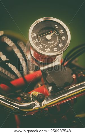 Close Up Shot With The Speedometer Of A Vintage Motorcycle.