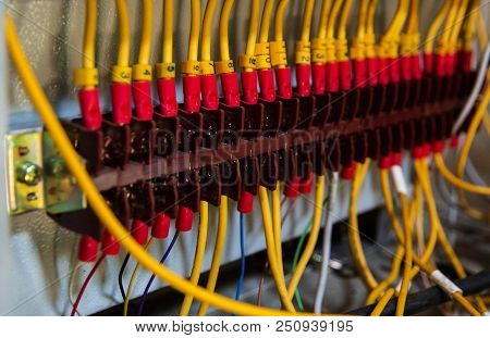 The Electric Wire On Voltage Box,the Instrial Control Panet With Wires,the Electrial System,blurry L