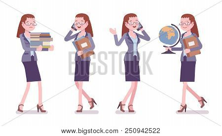 Female Teacher At Work. School, Universirty Or College Worker, At Lesson For Students. Professional 