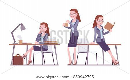 Female Teacher Working, Resting. School, Universirty Or College Worker, At Lesson For Students. Prof