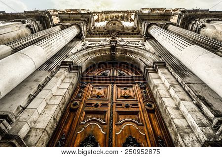 Impressive Gothic Doors On The Church Of St Pauls Shipwreck In The City Of Valleta On The Mediterran