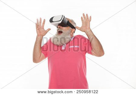 Excited Bearded Man Using 3d Goggles Watching Virtual Reality. Surprised Bearded Man With Vr Device.