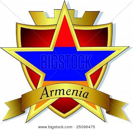 Vektorové Zlatá hvězda vlajce Arménie na pozadí štít