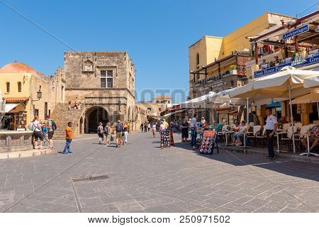 Rhodes, Greece - May 13, 2018: Hippocrates Square In Rhodes Medieval Town, Greece