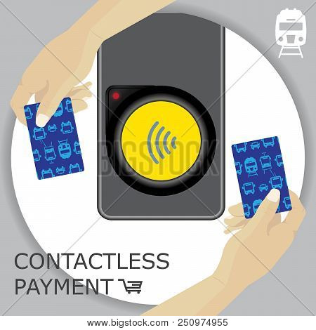 Airport, Metro, Subway Ticket Terminal For Wireless Payments. Rfid. Hands Holding Card For Transport