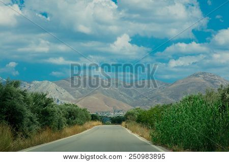 Olive Gardens And Mountains In Central Province Of Heraclion, Crete, Greece. Summertime Season, July