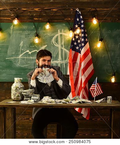 Crisis Concept. Crisis In American Economy With Man Hold Money