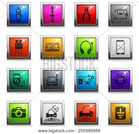 Electronics Repair Web Icons In Square Colored Buttons