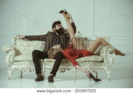 Boss With His Secertary. Boss Has Office Affair With Sexy Woman. Boss And Employee Concept. Bearded 