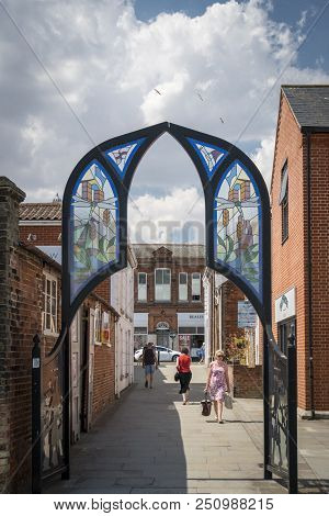 Beccles, Suffolk, Uk, July 2018 - Modern Glass Gateway To The Town Center In Beccles, Suffolk, Uk