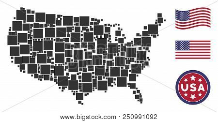 Filled Square Pictograms Are Combined Into Usa Map Collage. Vector Collage Of American Geographical 