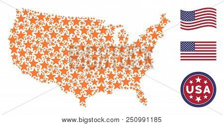 Fireworks Star Icons Are Grouped Into American Map Mosaic. Vector Concept Of Usa Territorial Map Is 