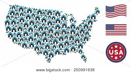 Home Icons Are Arranged Into American Map Collage. Vector Concept Of American Geographic Map Is Comp