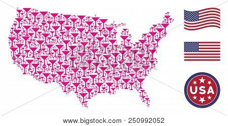 Martini Glass Items Are Grouped Into American Map Stylization. Vector Concept Of American Geographic