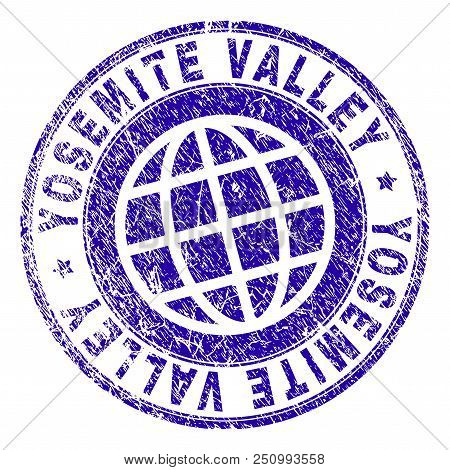 Yosemite Valley Stamp Imprint With Distress Texture. Blue Vector Rubber Seal Imprint Of Yosemite Val