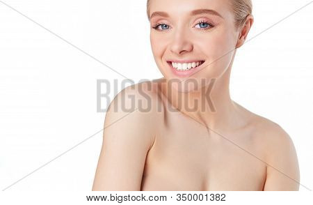 Portrait Of Beautiful Woman With Natural Make Up On White Background
