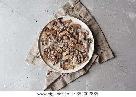 Stewed Mushrooms In Sour Cream With Portulak.fresh Mushroom Stew With Vegetables.