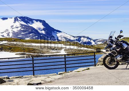 Sognefjellet, Norway - July 7, 2018: Bmw Motorcycle In Sognefjell Mountain Area At The Highest Point
