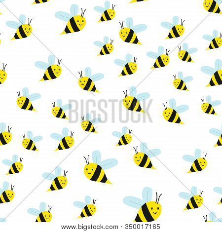 Seamless Pattern With Cute Kawaii Bees On A White Background. Vector Illustration, Hand Drawn. Desig