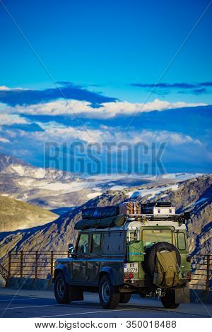 Dalsnibba, Norway - July 30, 2018: Dalsnibba Mountain With Land Rover Track On Geiranger Skywalk Vie