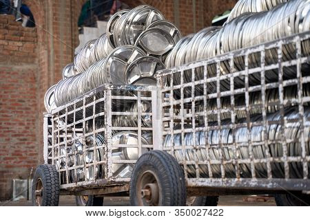 Clean Silver Dinner Plates On Carts At Largest Kitchen (langar) Golden Temple In Amritsar, India. Th