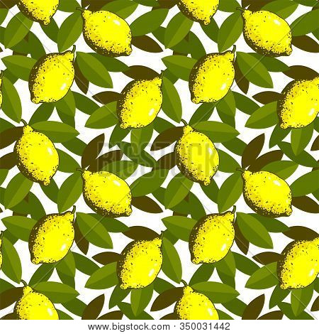 Fruits Pattern With Yellow Fresh Lemons And Green Leaves On White Background. Great Element For Food