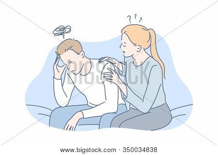 Depression, Frustration, Support Concept. Young Couple Girlfriend Is Hugging, Calming Angry Boyfrien