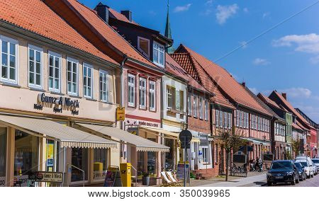 Boizenburg, Germany - April 16, 2019: Panorama Of A Colorful Shopping Street In Boizenburg, Germany