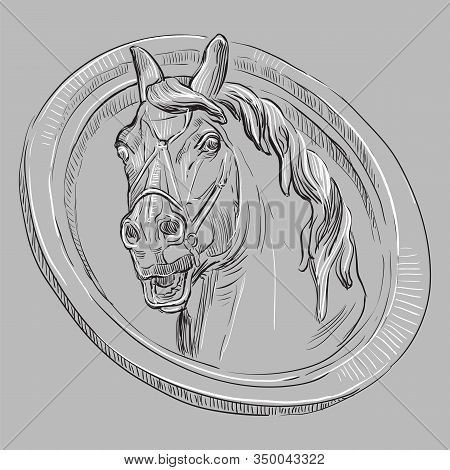 Ancient Vintage Bas-relief In The Form Of A Head Of Horse, Vector Hand Drawing Illustration In Black