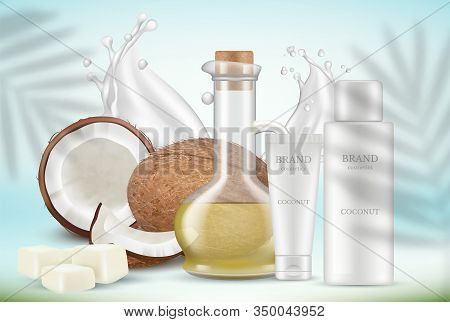 Coconut Cosmetics. Oil, Cream Tubes And Palm Leaves. Plants Overlay Shadow Effect. Realistic Adverti