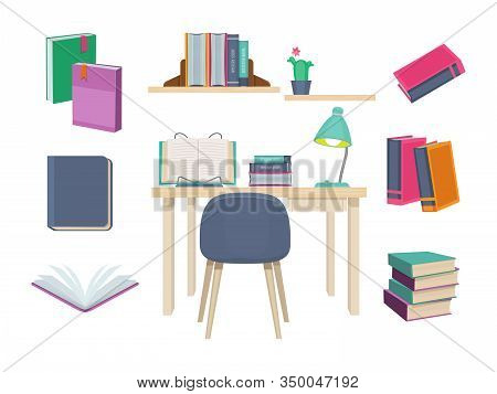 Books Old. Learning Symbols Publishing Dictionary Magazines School Books History Novel Vector Set. D