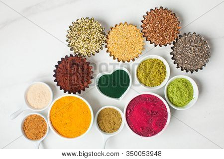 Top View Of Various Dietary Supplements For Salads