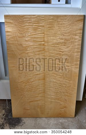 Sycamore Maple Cabinet Door In Workshop. High Gloss Cabinet Door. Furniture Manufacture