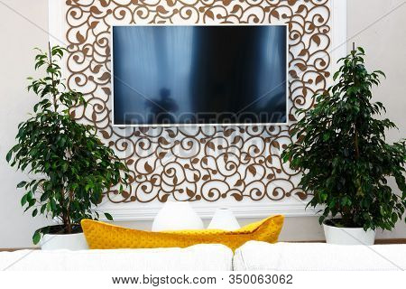 A black TV is hanging on a wall surrounded by two green houseplants